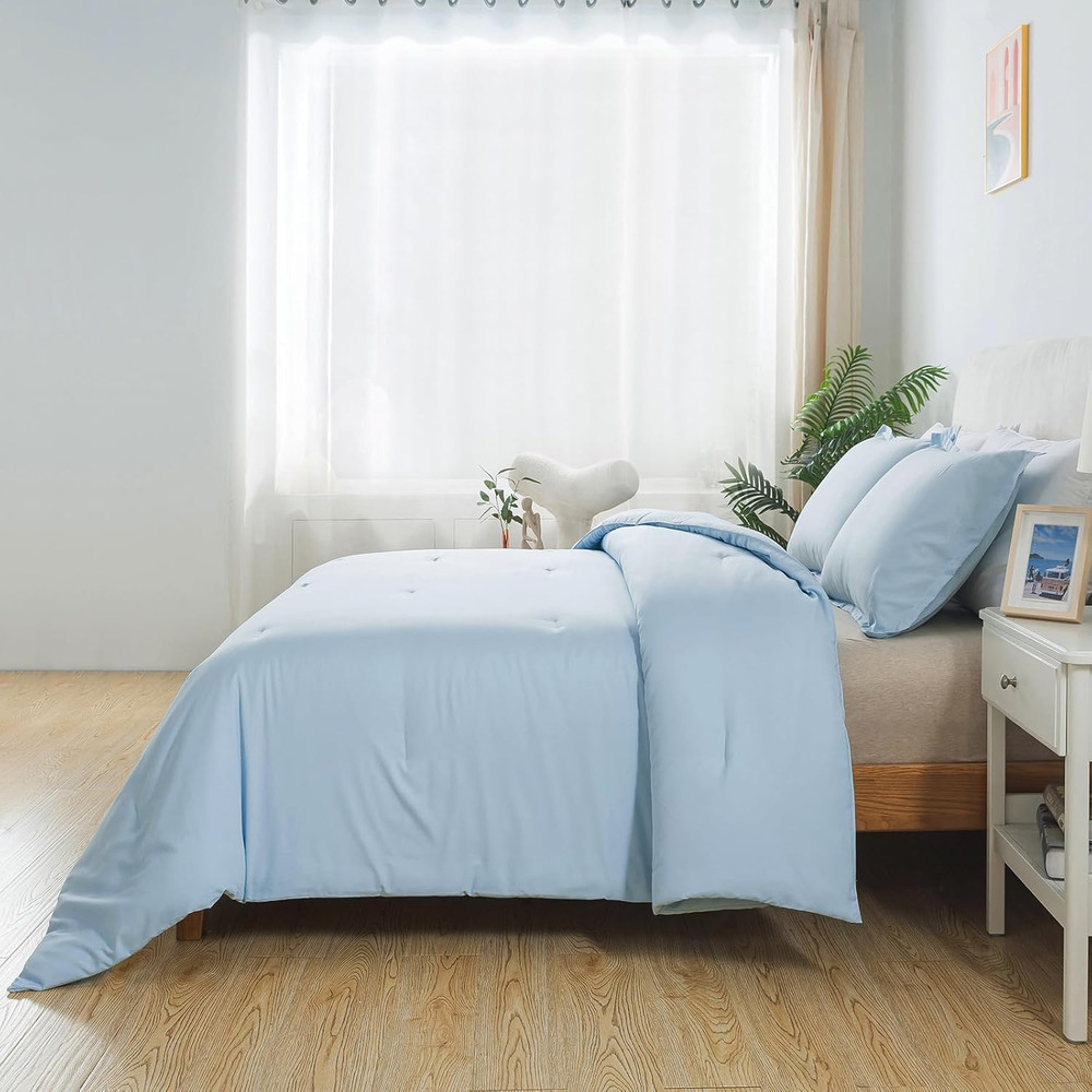 Queen Light Blue Comforter Set, Solid Lightweight Skin-Friendly Boho Bedding Set