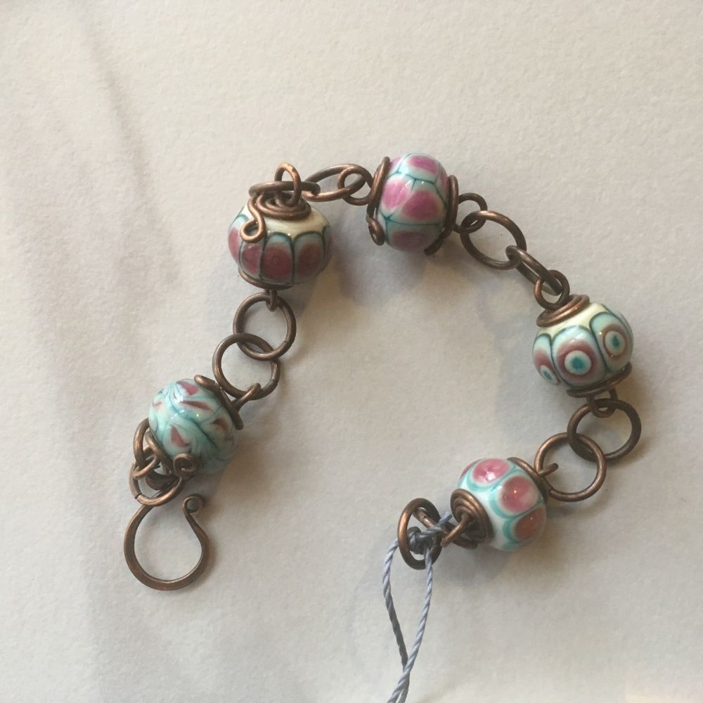 Handcrafted Copper n Lampwork Glass Link Bracelet.