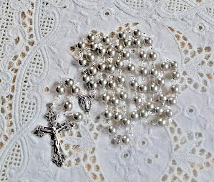 SILVER SMOKE CZECH GLASS PEARL ROSARY IN SILVER