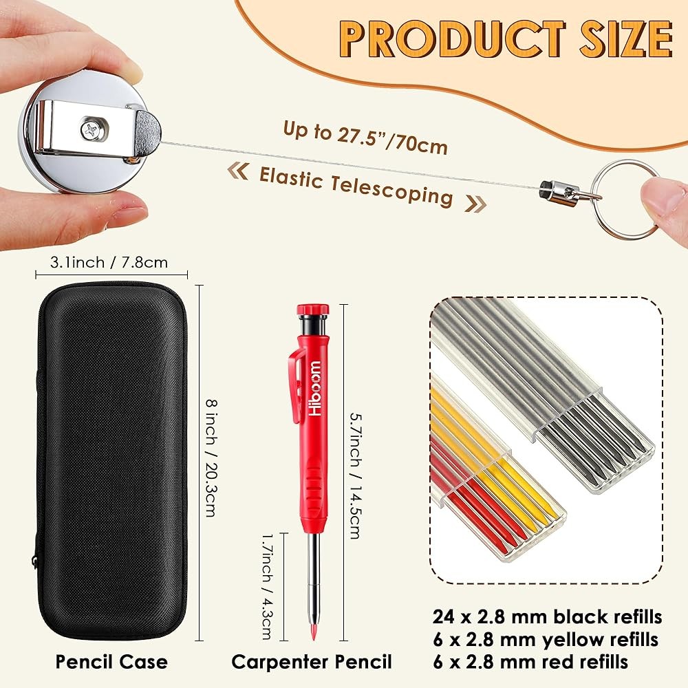 Carpenter Pencils with Retractable Holder, Deep Hole Marker