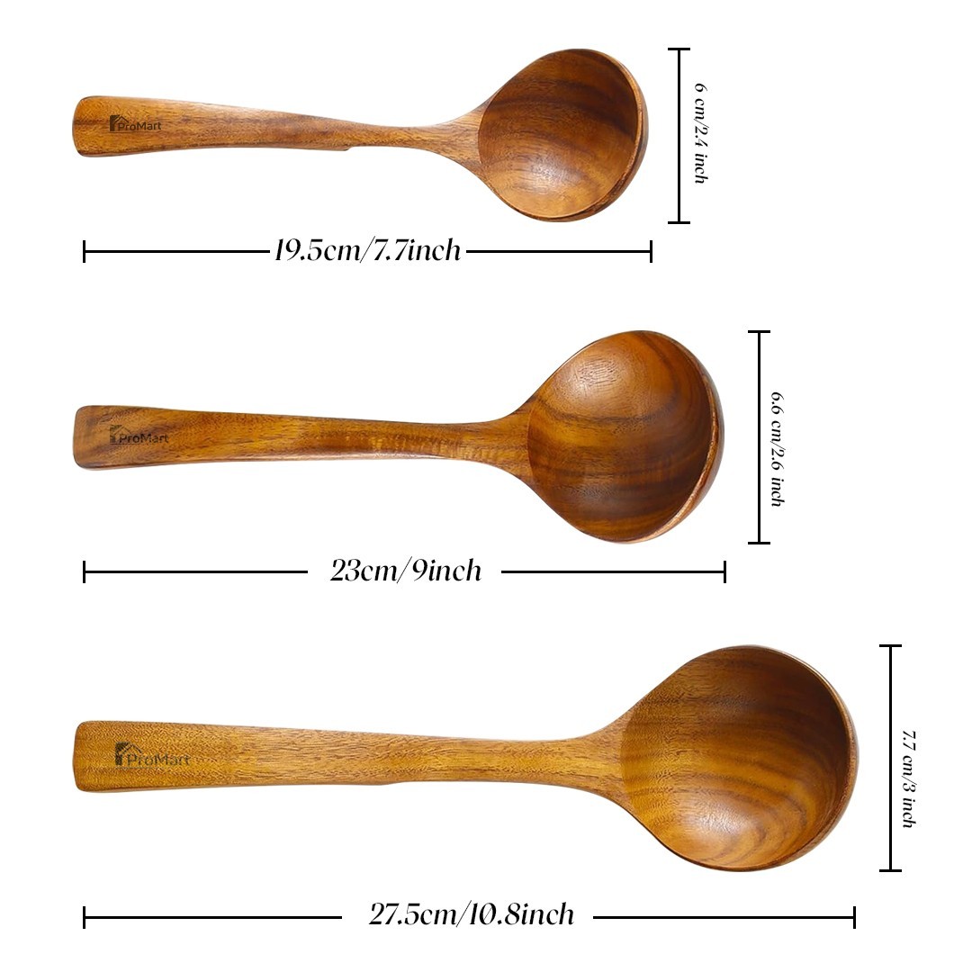 Teak Wood Ladle Set - 3 Sizes with Back Hooks for Soup, Cooking, Serving & Stirr