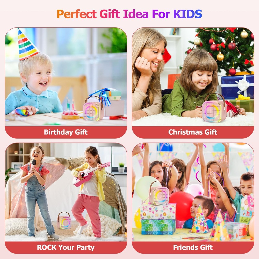 Mini Karaoke Machine with 2 Wireless Microphone, Portable Pink Bluetooth Spea...