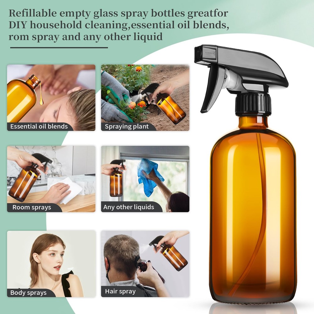 16oz Amber Glass Spray Bottles 6Pack Refillable Adjustable Nozzle