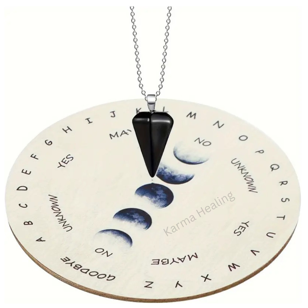 Pendulum Board Moon Phase with Black Crystal Pendulum & Pouch – 5.9"