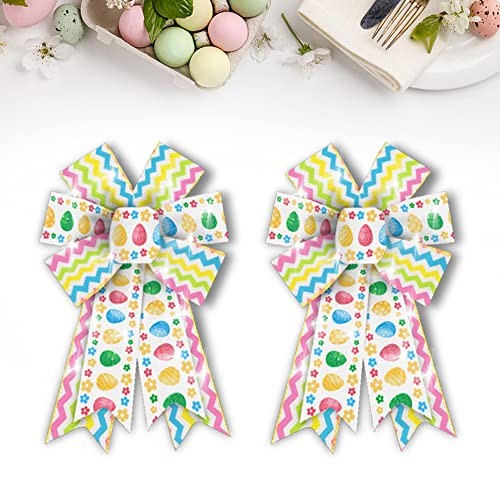 Threetols 2PCS LED Easter Wreath Bows, LED Light Spring Colorful Stripe Bows