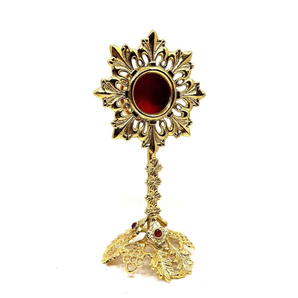 Solid Brass Reliquary With Ornate Base and studded Beads - Monstrance Catholi...