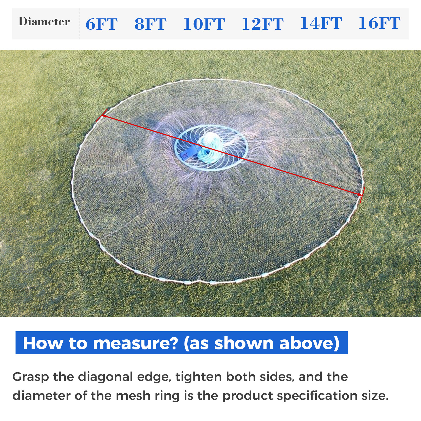 6/8/10/12/16FT Fishing Cast Net Bait Easy Throw Hand Cast Strong Nylon Mesh USA