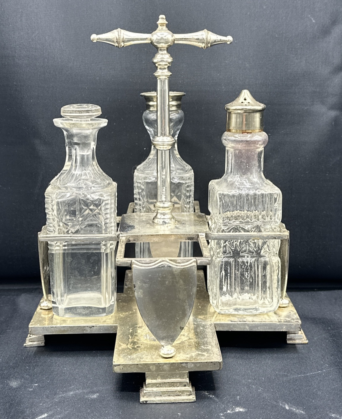 Footed 19th century silverplated cruet (maybe) Charles Ellis & Co w/ 3 Bottles