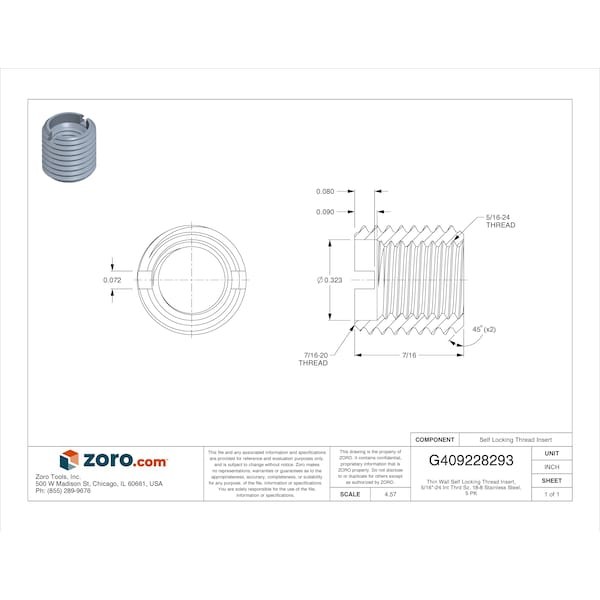 Thin Wall Self Locking Thread Insert, 5/16"-24 Int Thrd Sz, 18-8 Stainless