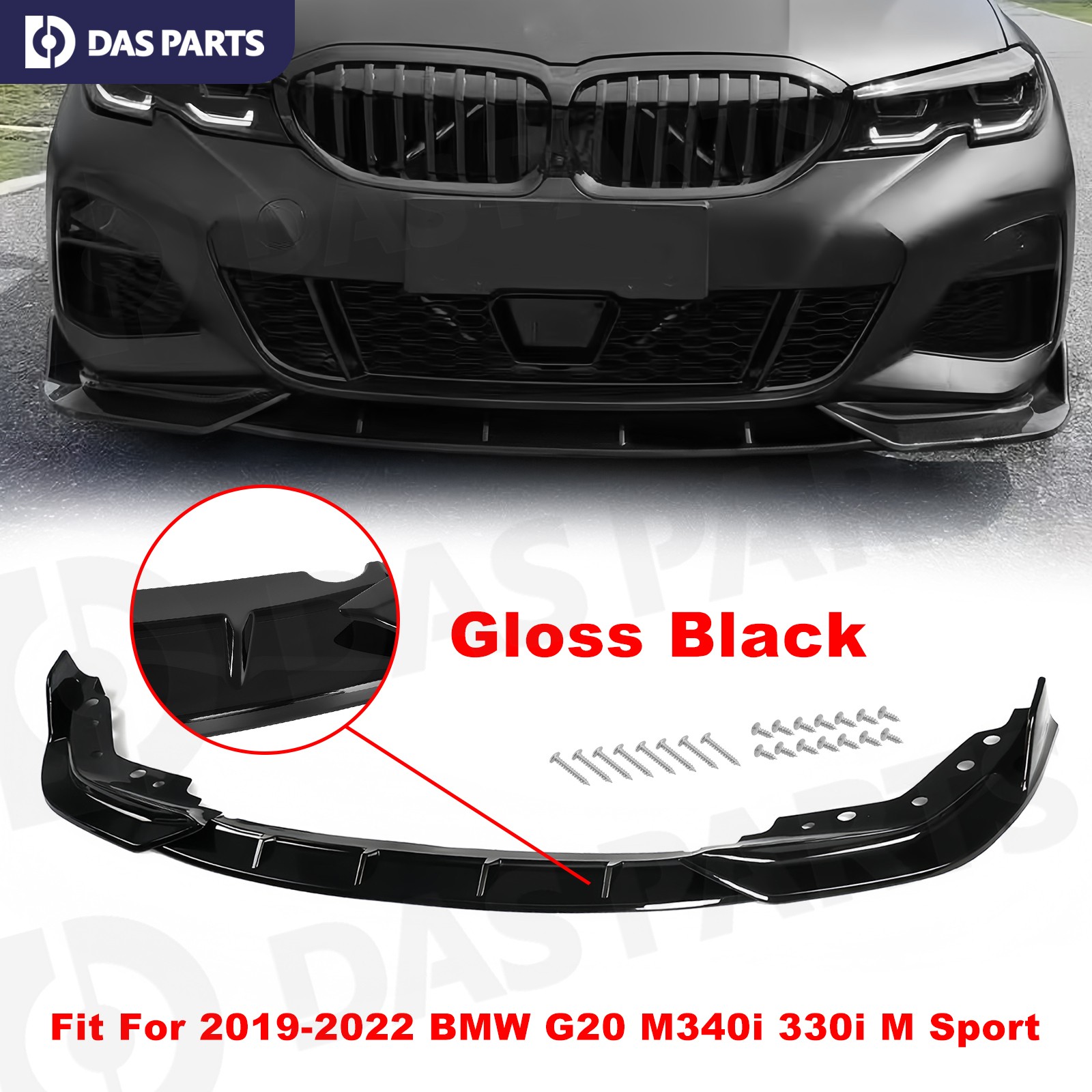 For 2019-2022 BMW G20 330i M Sport M340i GT Style Front Bumper Lip Glossy Black