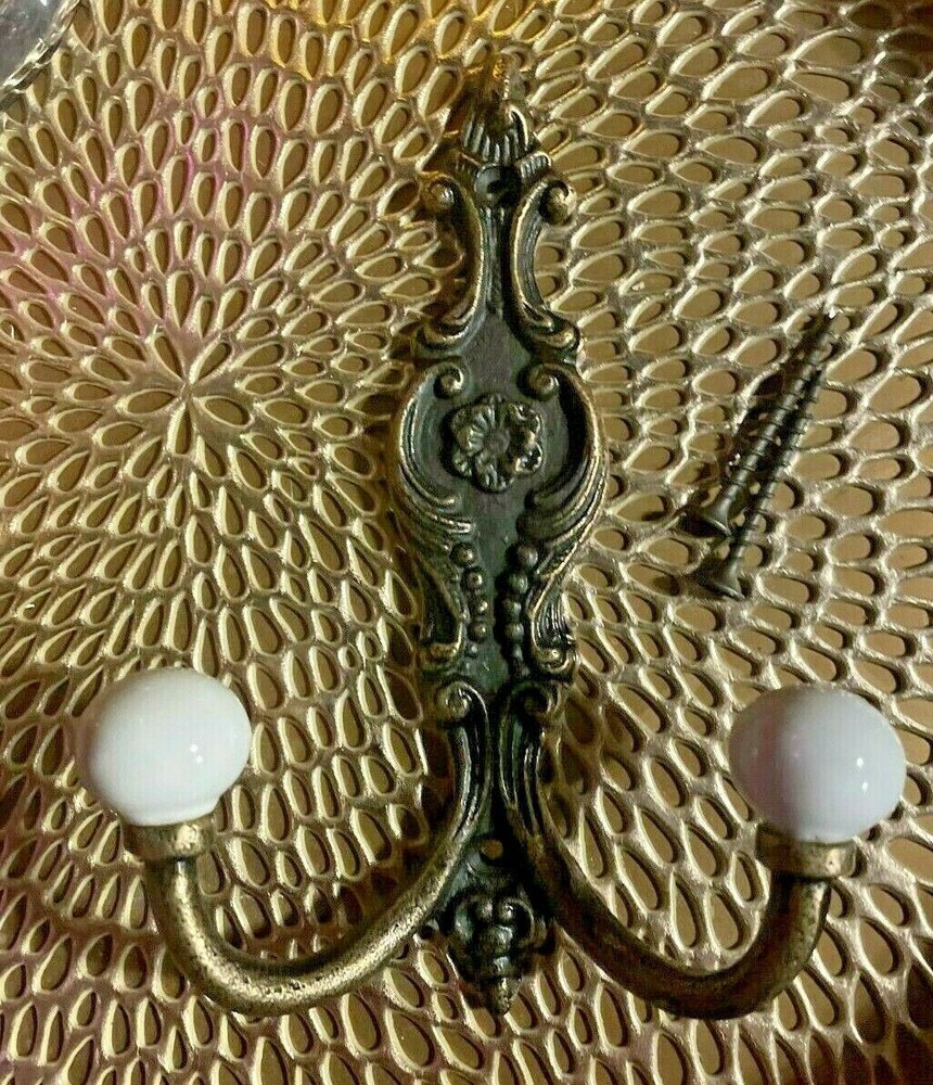 Old Bath Robe Coat Hook Hall Mirror Fancy Decorated Solid Brass Porcelain Knobs