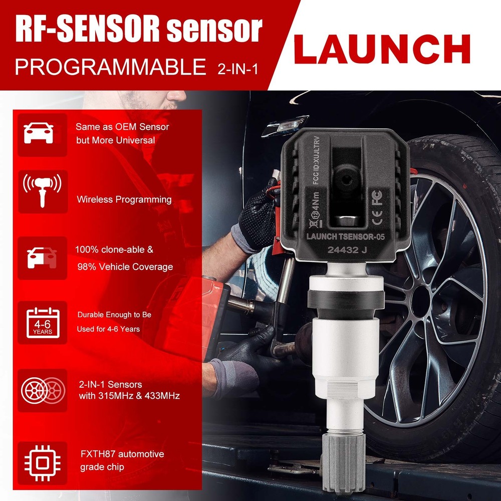4 Pack LAUNCH TSENSOR-05 RF Universal Programmable TPMS 315MHz&433MHz Metal Stem