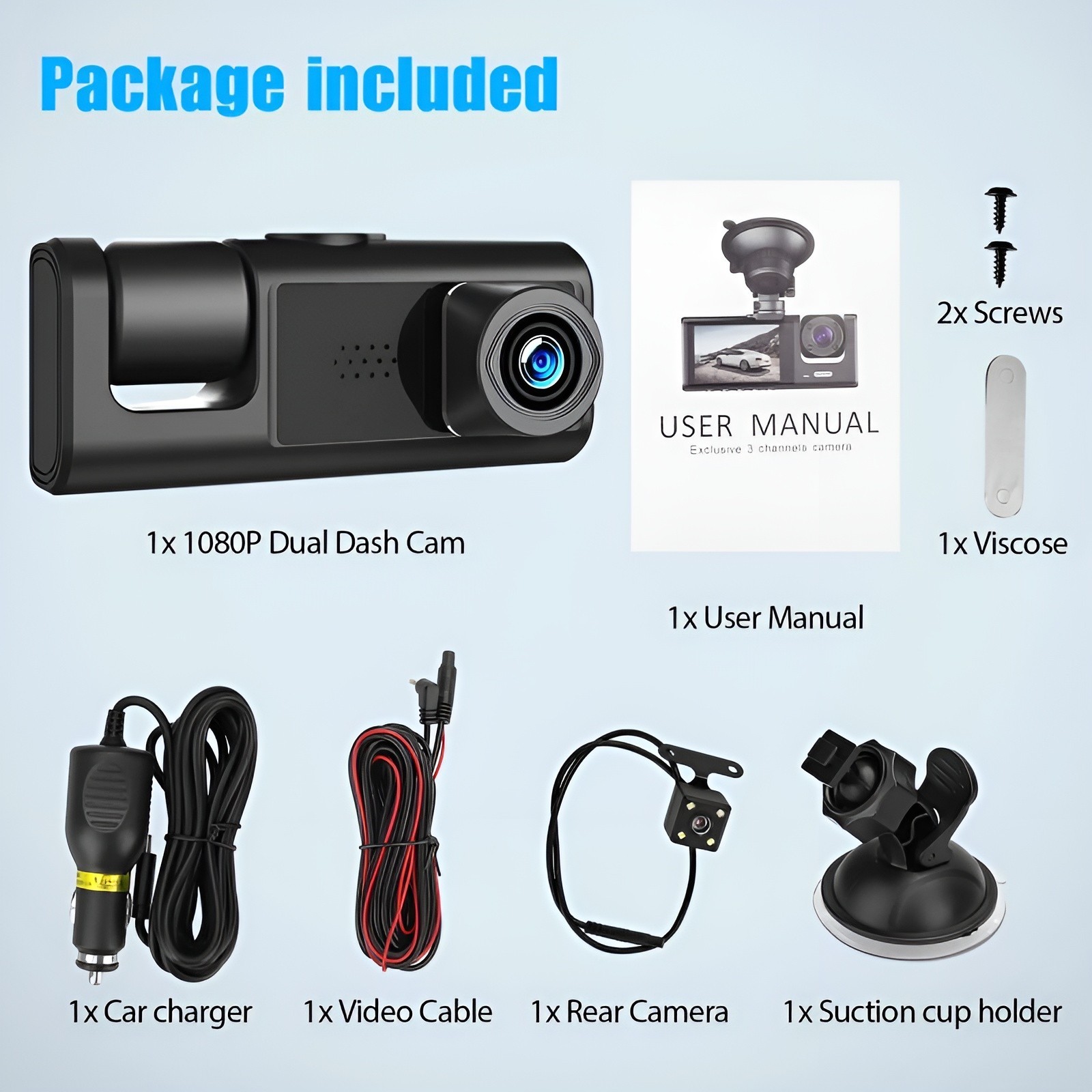 3 Lens Dash Cam Front Cabin Rear 1080P Night Vision, Parking Monitor, G-Sensor