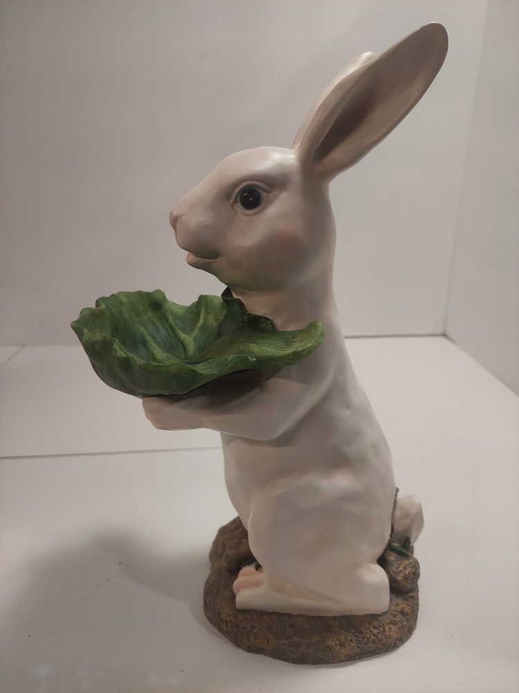 Bunny Rabbit Statue Candy Bowl Server Figure 12" White Resin White Cabbage Leaf