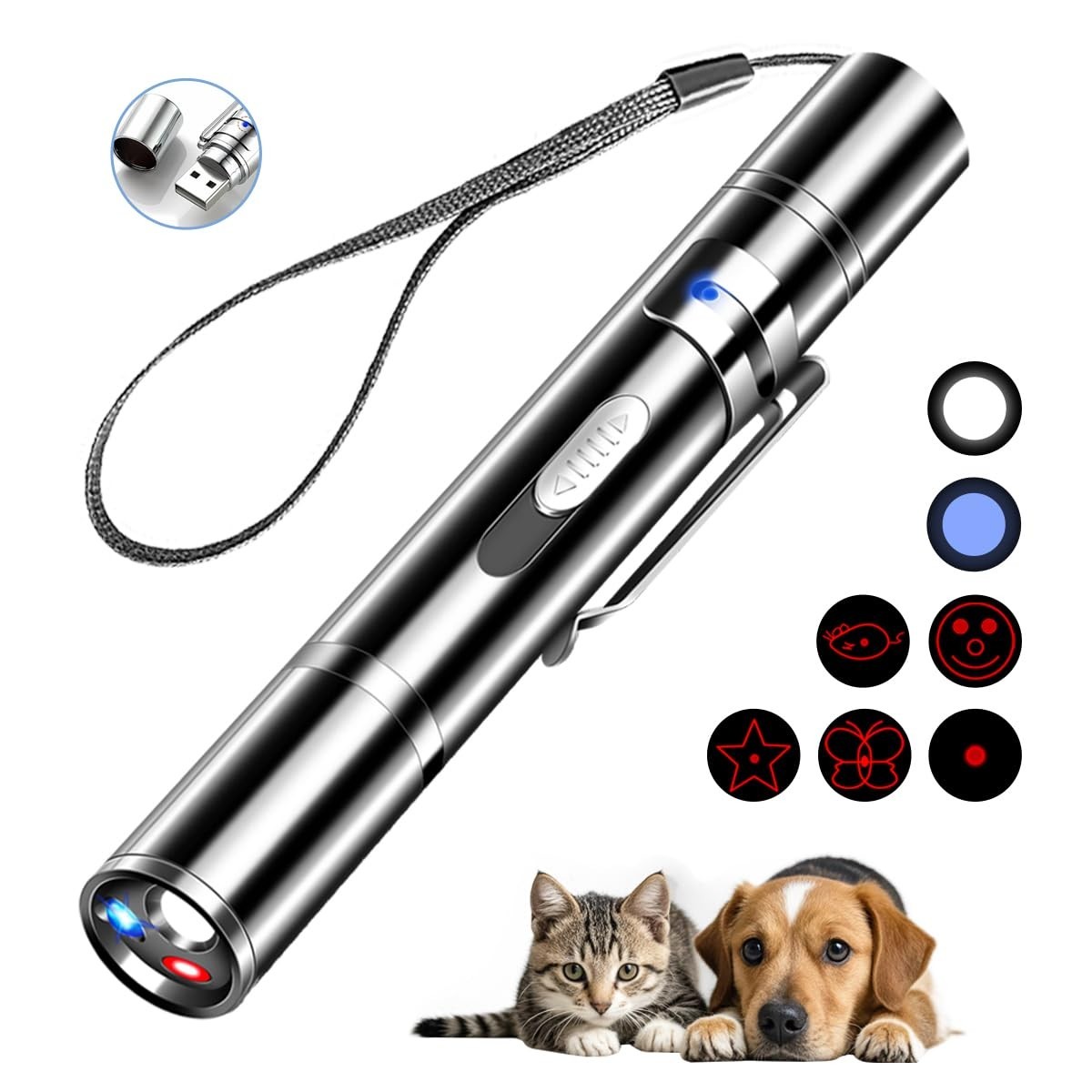 Portable USB-C Rechargeable Cat Laser Pointer, 3 Light Modes & 5 Patterns
