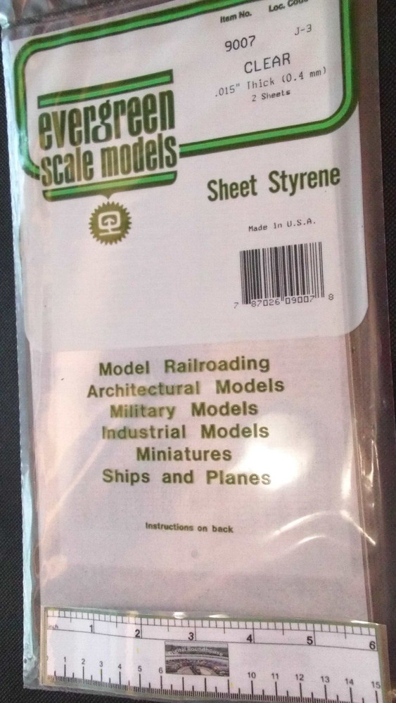 Evergreen Scale Models #9007 CLEAR POLYSTYRENE SHEETS, .015", 6" X 12", pkg. 2