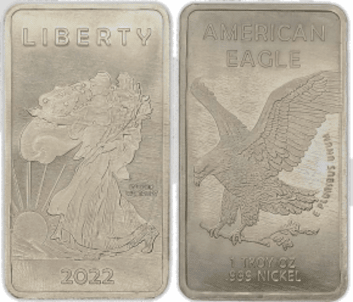 1 troy oz Nickel American Eagle 2022 Bullion Ingot Bar/1 oz .999 Pure Nickel Bar