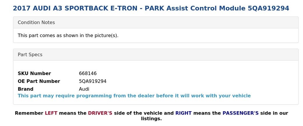 2017 AUDI A3 SPORTBACK E-TRON - PARK Assist Control Module 5QA919294