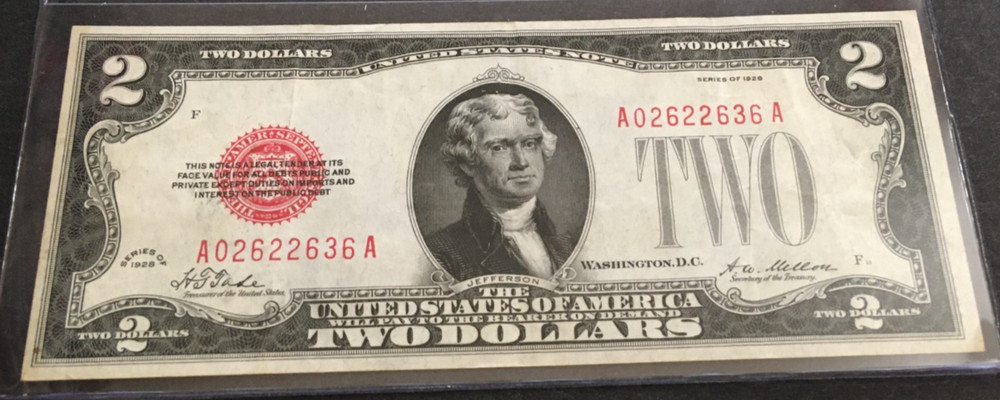 $2 Series 1928 plain Two DOLLAR RED SEAL NOTE light circulated
