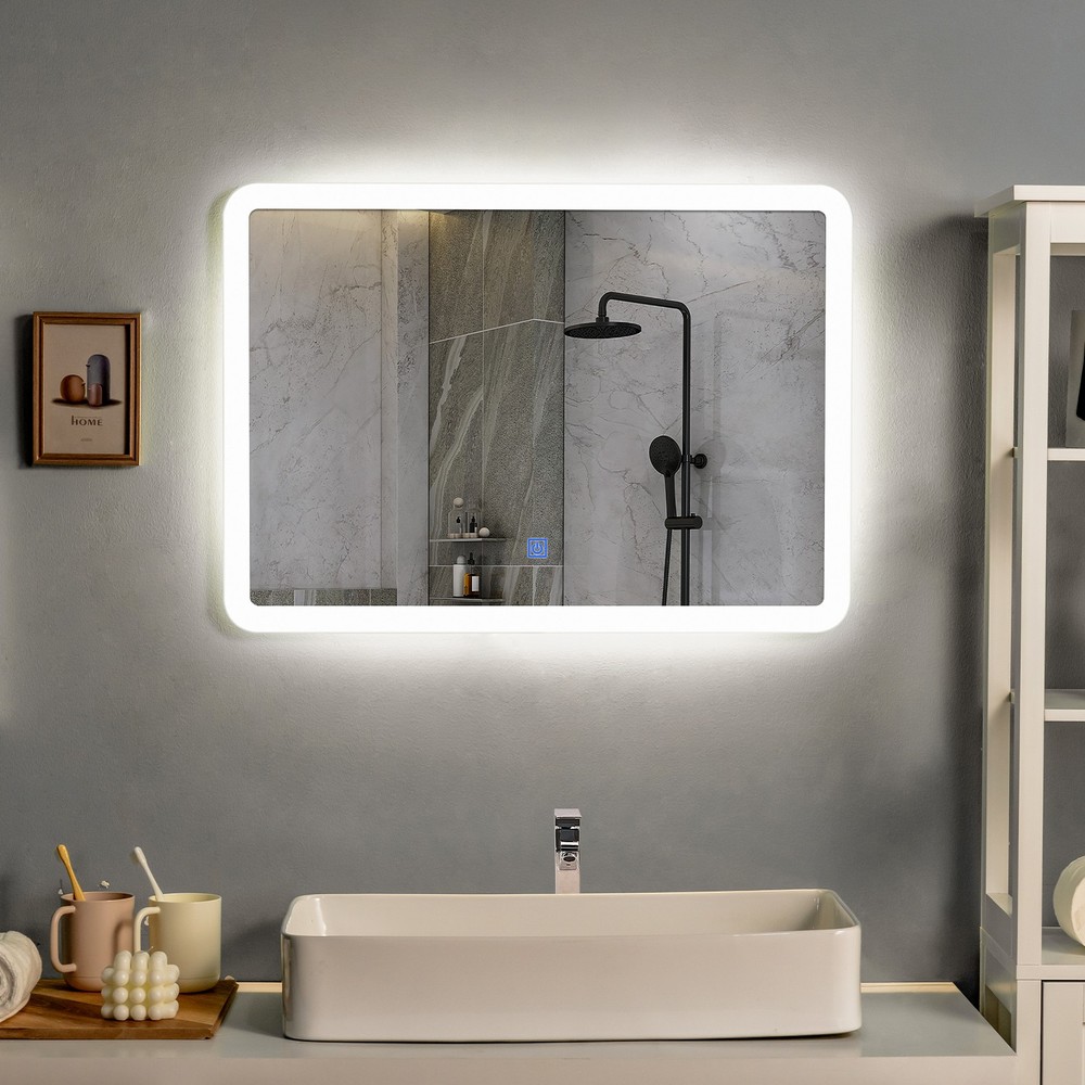 Wall Mounted Rectangle Bathroom LED Mirror Dimmable Touch 3-Color Frameless