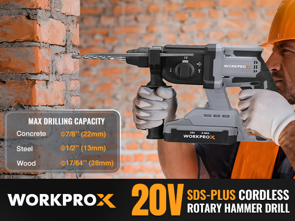 WORKPROX 20V Cordless Rotary Hammer Drill 7/8" SDS-Plus Brushless w/4.0A Battery
