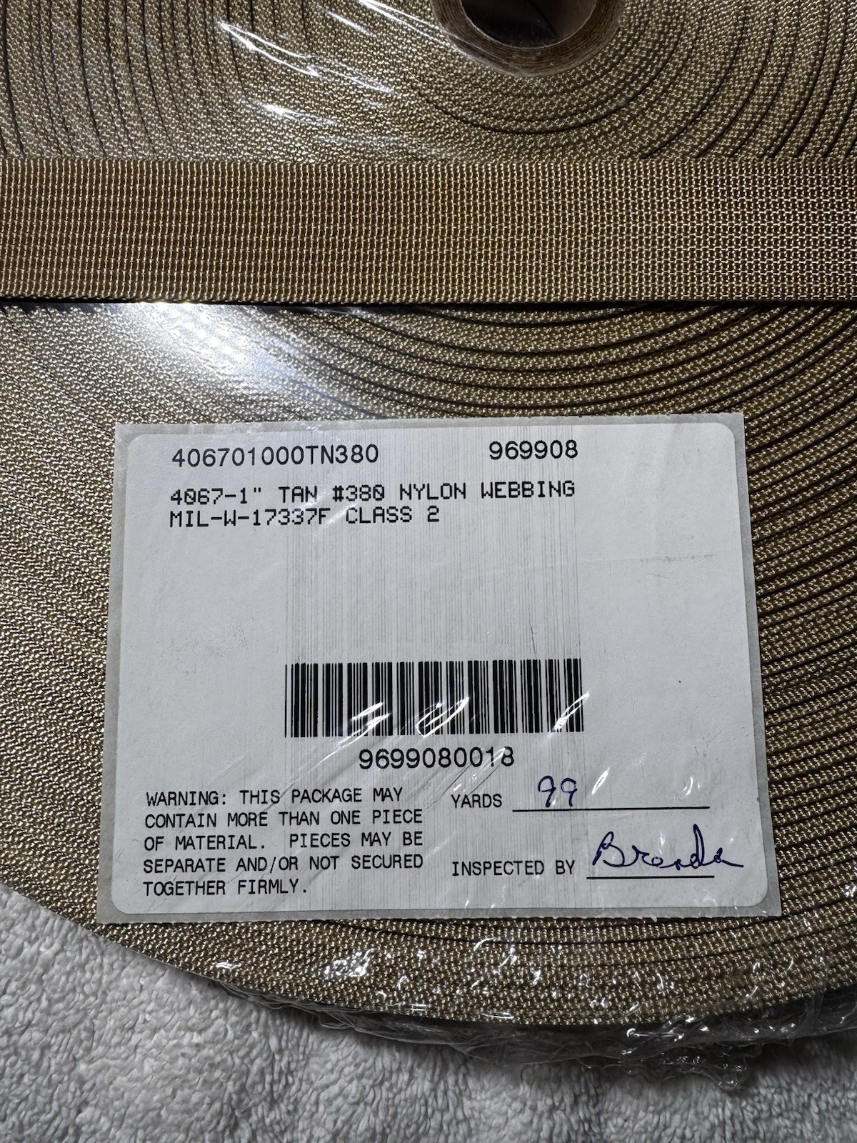 Military webbing 1" Nylon Tan Class 2 Mil Spec 1 mm thick 100 yard rolls.