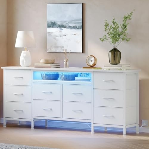 63 Inch 10-Drawer Dresser with LED Lights & Power Outlets, Wide Fabric White