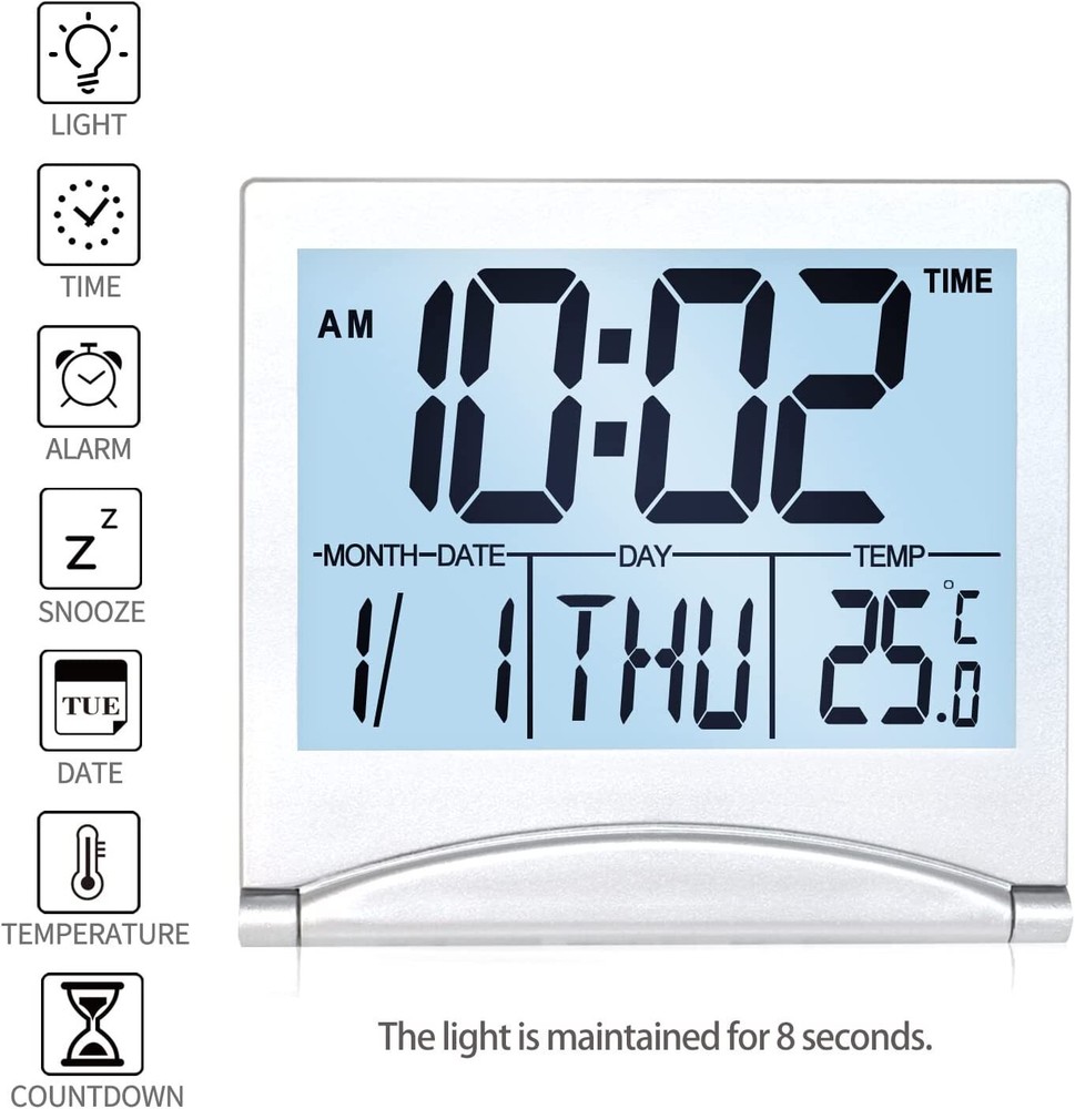 Betus Digital Travel Timer LCD Clock with Backlight - Compact LCD Desk Clock