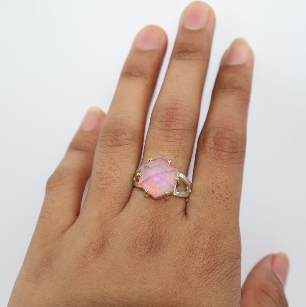 Aurora Opal Stone Ring, 925 sterling silver Ring, Round Shape stone Ring