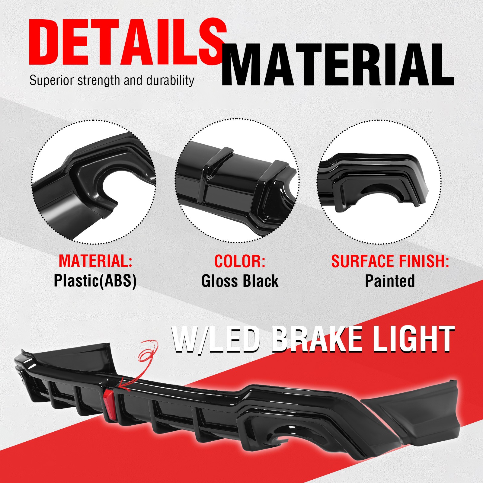 Rear Diffuser w/LED Light + Corner Spats Gloss Black For 2022-2026 Honda Civic