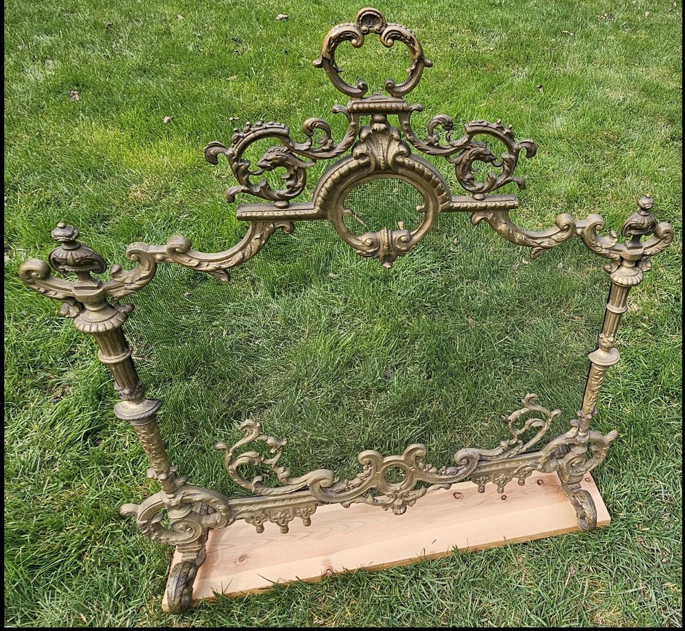 Victorian Fire Screen -  Ornate Sandcast Antique Brass Firescreen