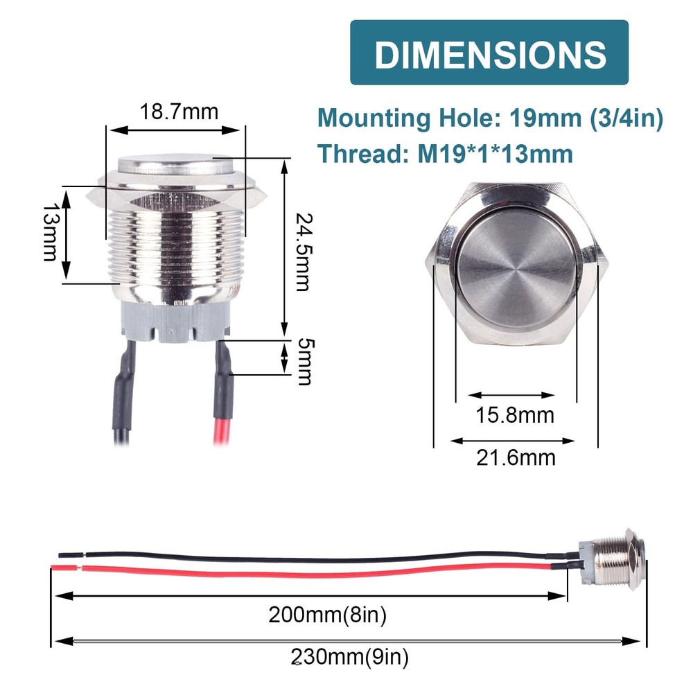 DMWD 2pcs 19mm Latching Metal Push Button Switch High Round Latching, Silver