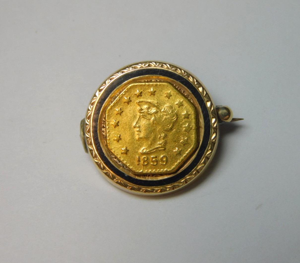 VERY UNUSUAL 1859 CALIFORNIA GOLD PIECE ON ENAMELED 10k GOLD PIN! FREE SHIPPING!