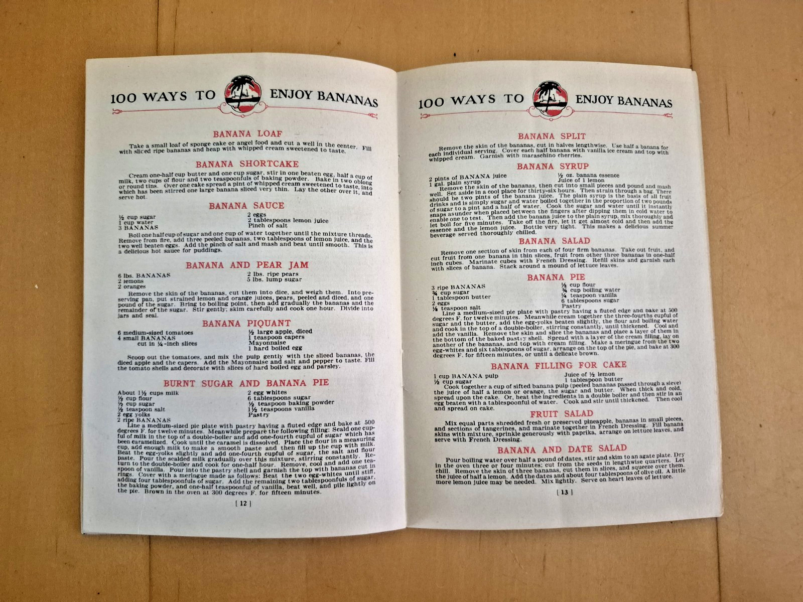 Vintage 1925 YES! 100 WAYS TO ENJOY BANANAS - Bauerlein Advertising Recipe Book