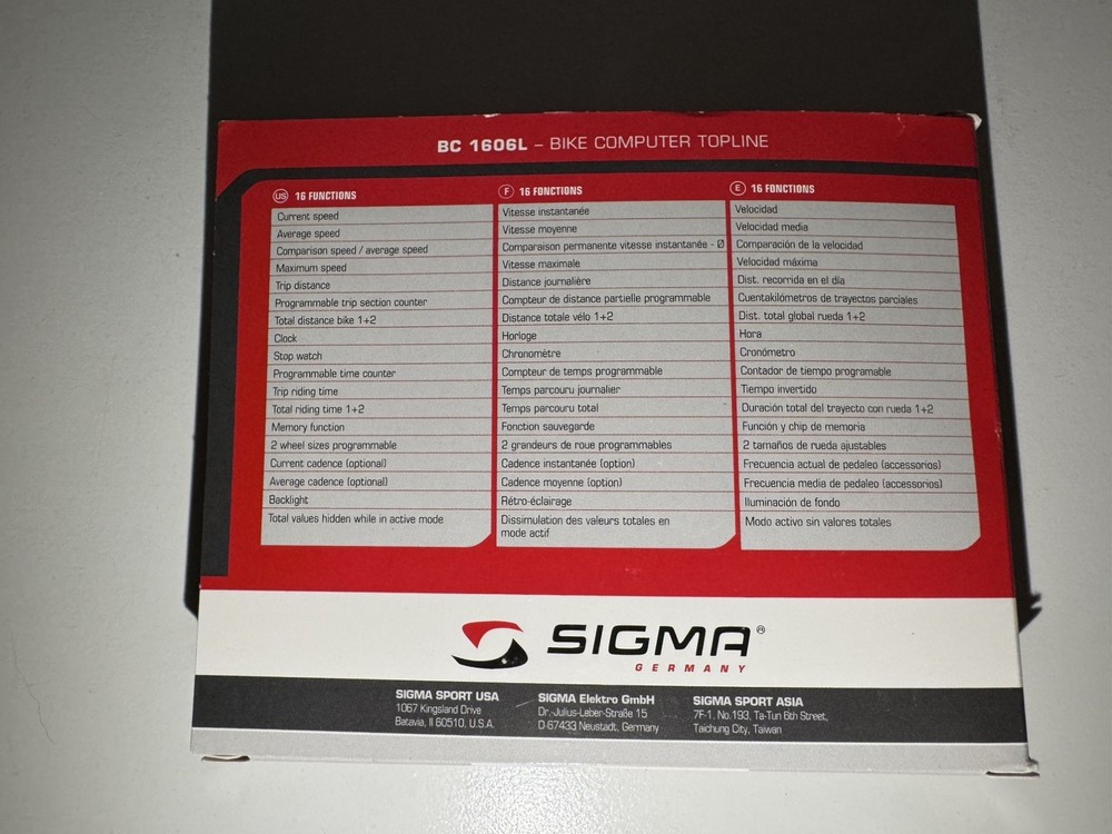 SIGMA CYCLE COMPUTER FRONT WHEEL BIKE 1 BC1606L BIKE COMPUTER WITH SENSOR KIT.