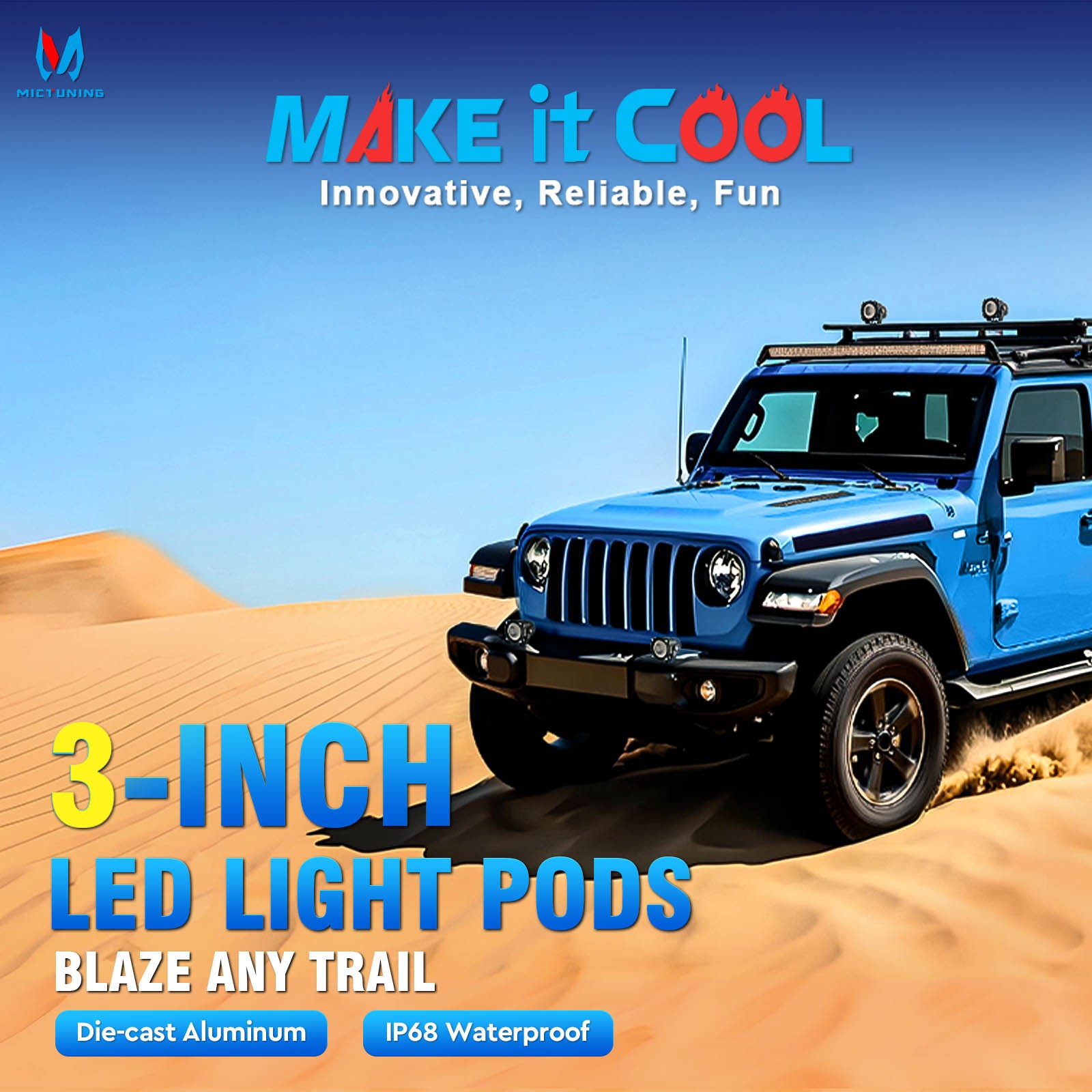 MICTUNING Light Pods 3 Inch 72W Square Off-Road Driving Fog Lamp Spot Flood Beam