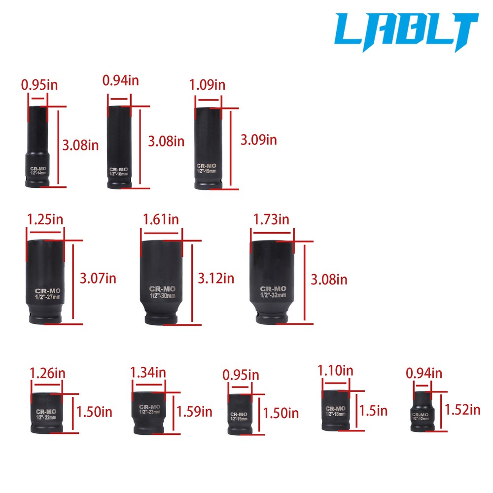 LABLT 1/2 Inch Drive Deep Impact Socket Tool Set Metric Garage Workshop Tools