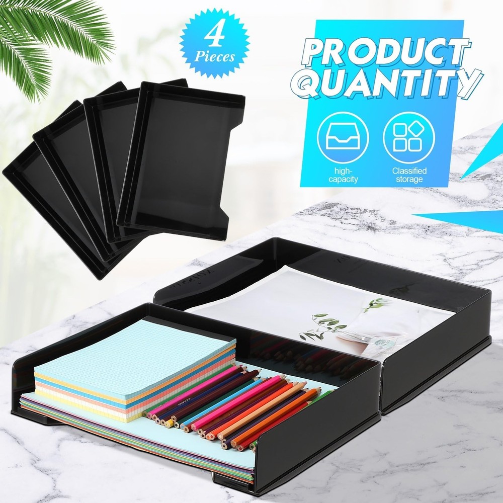4 Pcs Stackable Letter Tray Rectangular Plastic Desk Organizer 13 x 9.5 x 2.6...