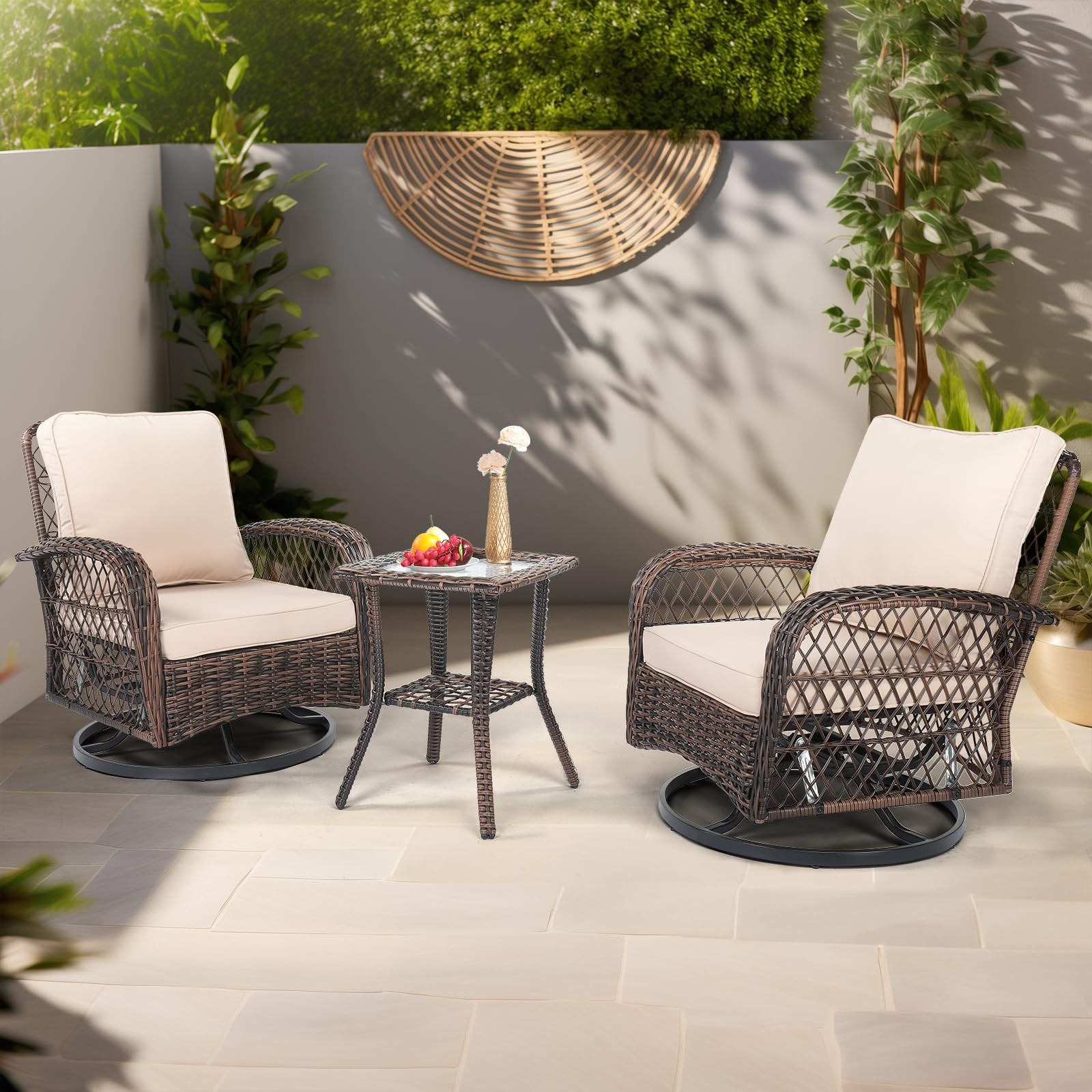 3 Piece Outdoor Patio Set Swivel Rocking Chairs and Bistro Table