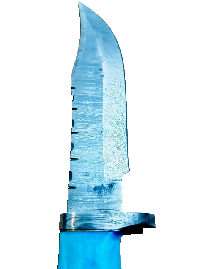 Blue Stag Bone Handle Damascus Fixed Blade Knife, Custom Made