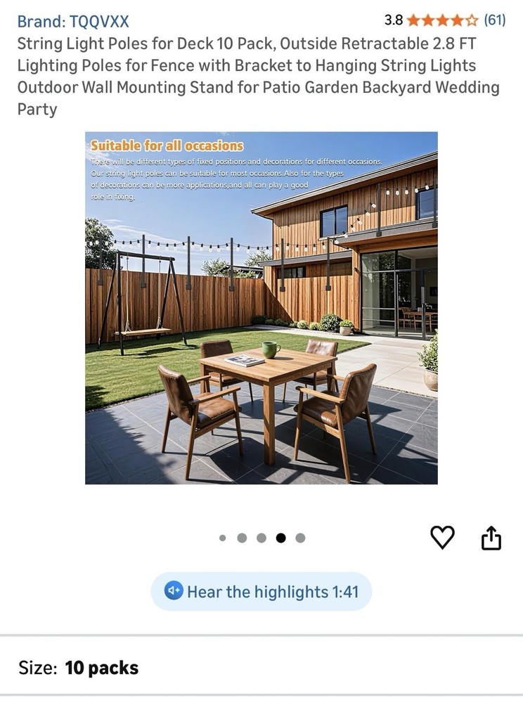 String Light Poles for Deck 10 Pack Outside Retractable 2.8 FT 10 packs