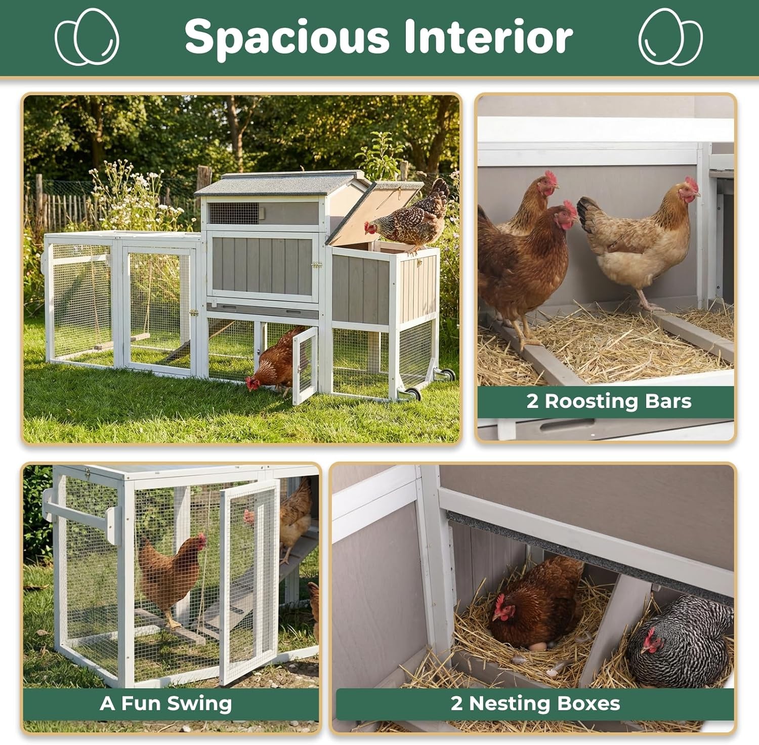 PETSCOSSET Outdoor Chicken Coop, Large Chicken House with Nesting Box, Gray