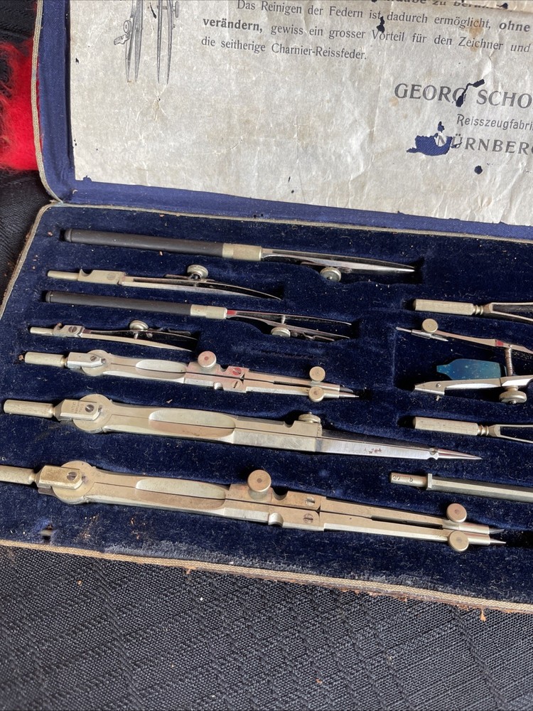 German Precision Drafting Drawing Set in Case 12 Piece - Schenner - Rare