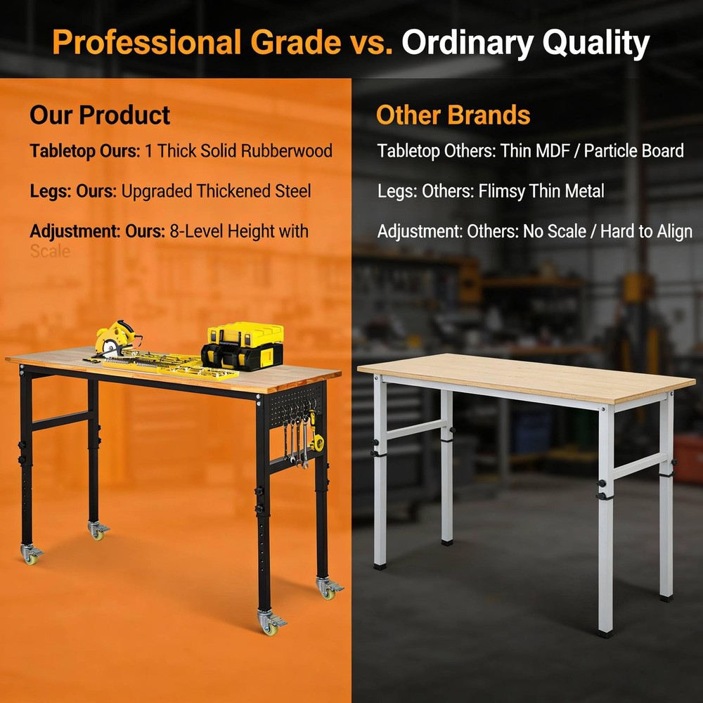 48" Adjustable Workbench w/ Wheels & Pegboard, Work Table for Garage, Workshop