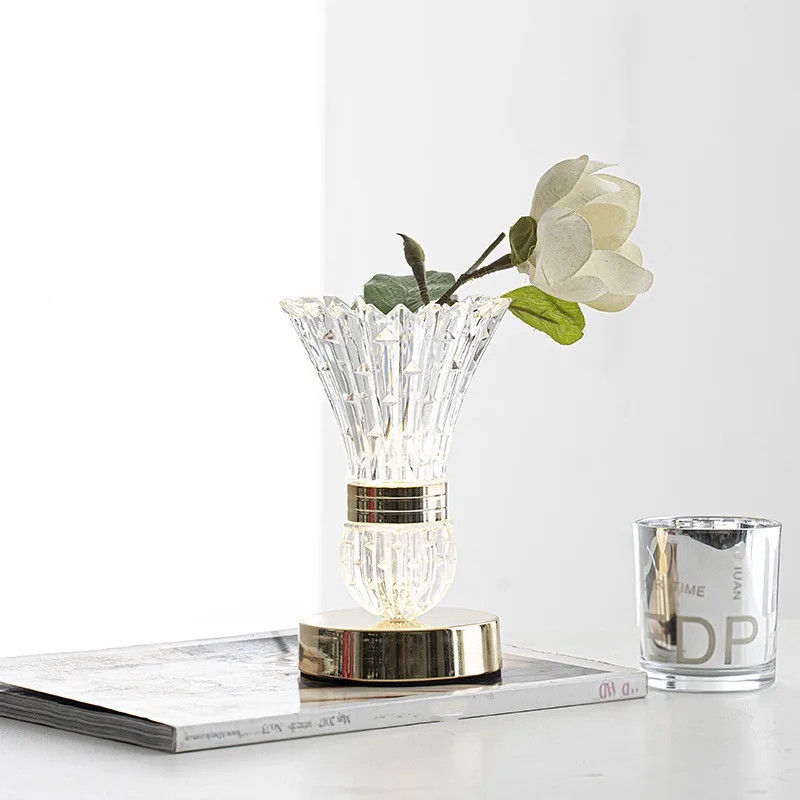 Crystal LED Vase Table Lamp, Touch Control, Night Light, Dimmable, Rechargeable