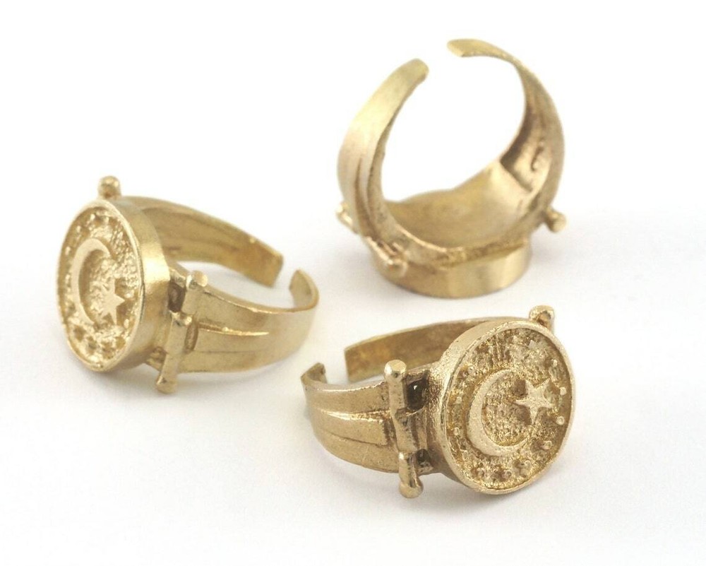 Signet Ring Crescent Star Adjustable Raw brass 3997