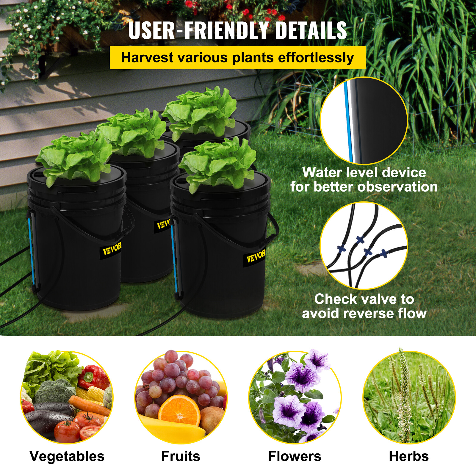 VEVOR Hydroponics Deep Water Culture DWC Hydroponic System 5 Gallon 4 Buckets
