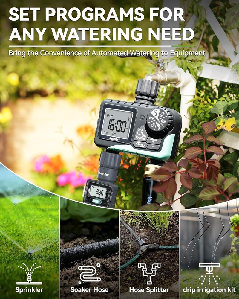 Easy Setup 2-Zone Sprinkler Timer for Yard Lawn - Rain Delay