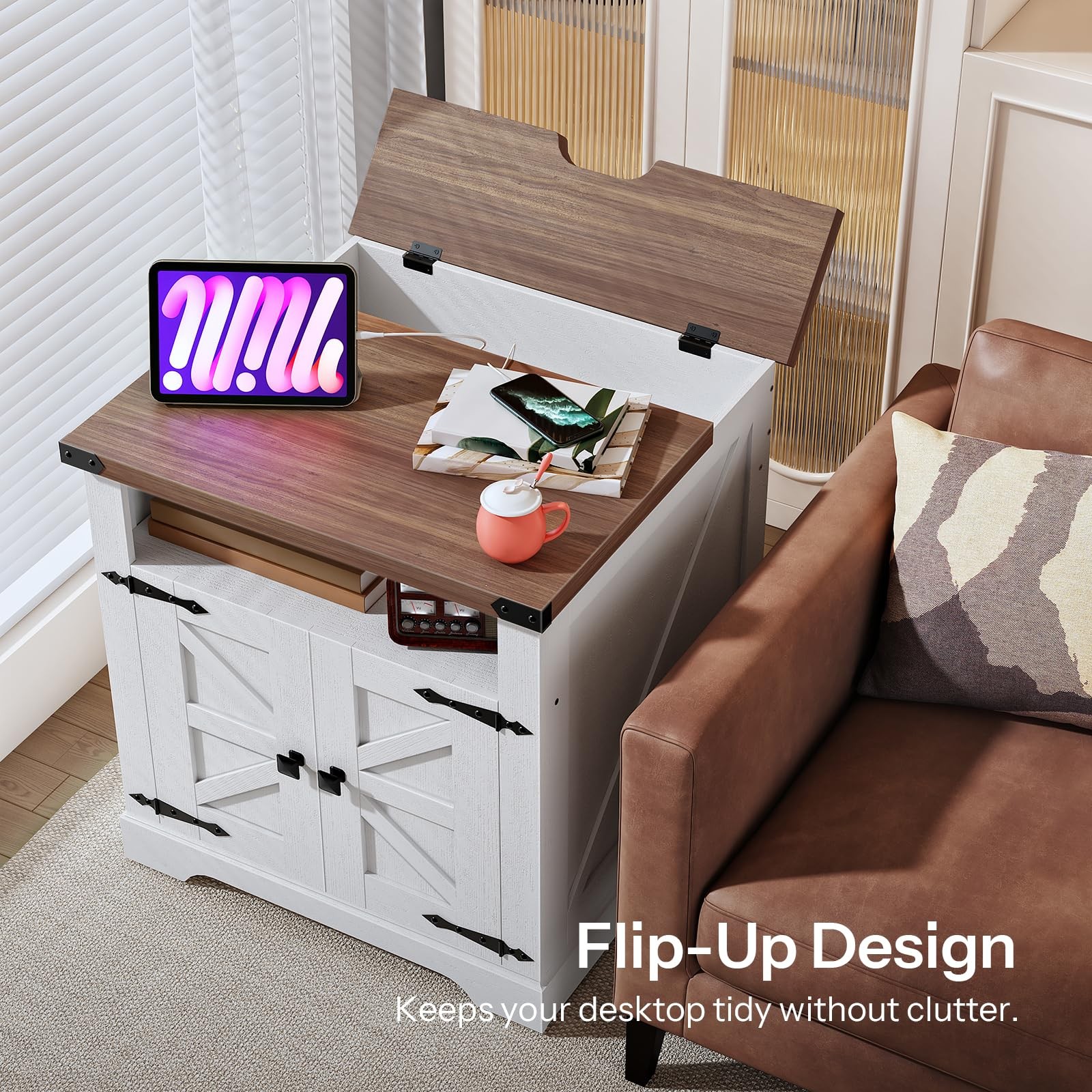 Farmhouse End Table with Charging Station Barn Door Flip Top