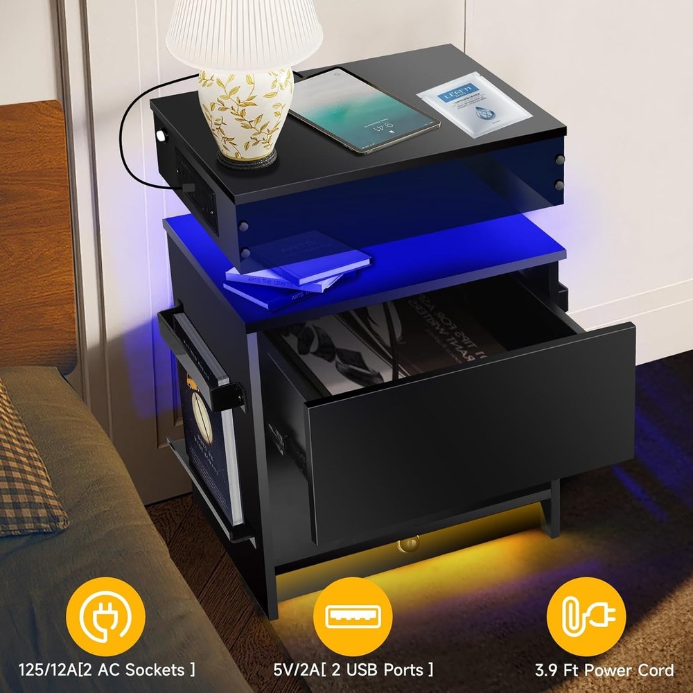2 Pack Bedside Table with LED Light USB Charging